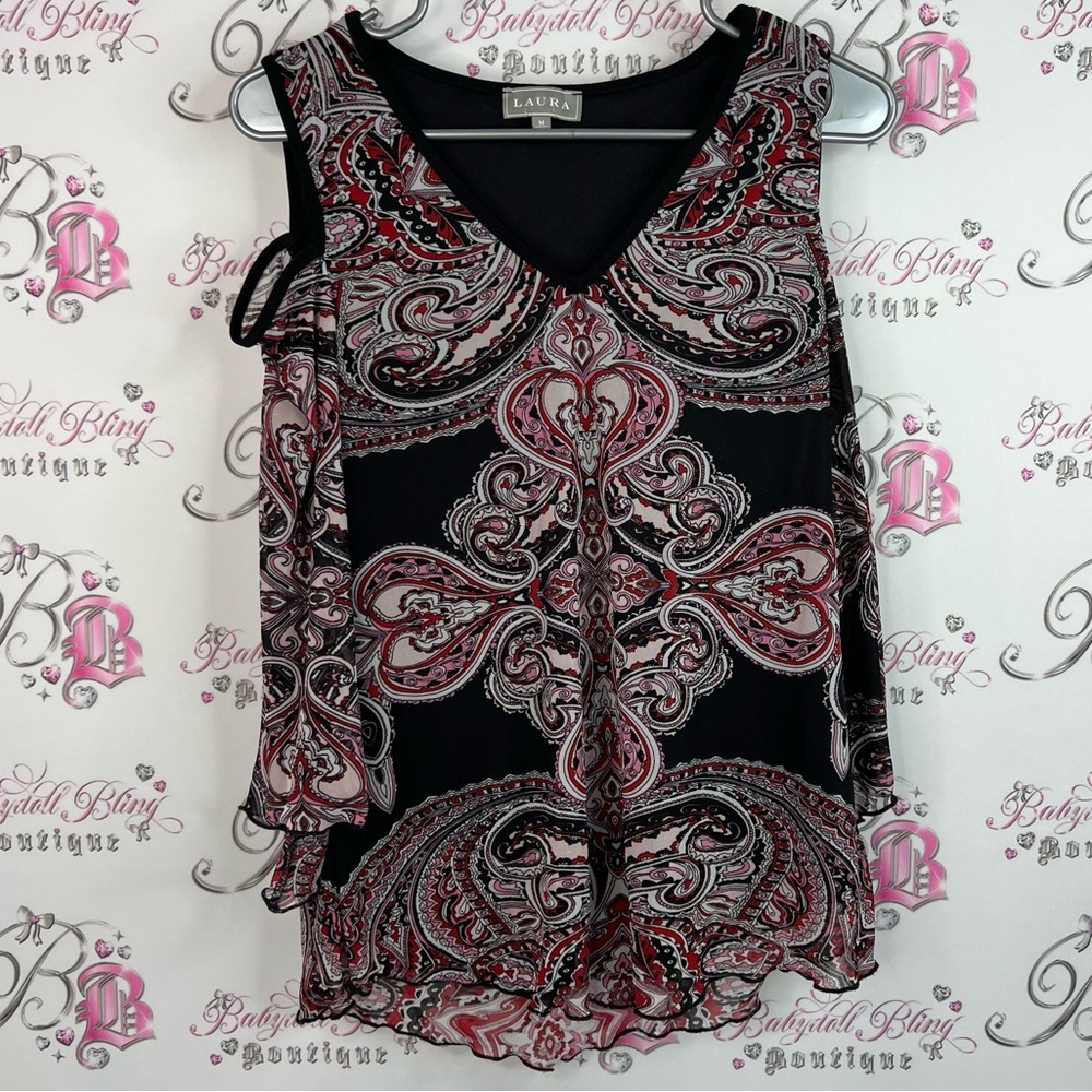 Laura top flare flowy sleeve detail paisley floral Black Pink Paisley Blouse